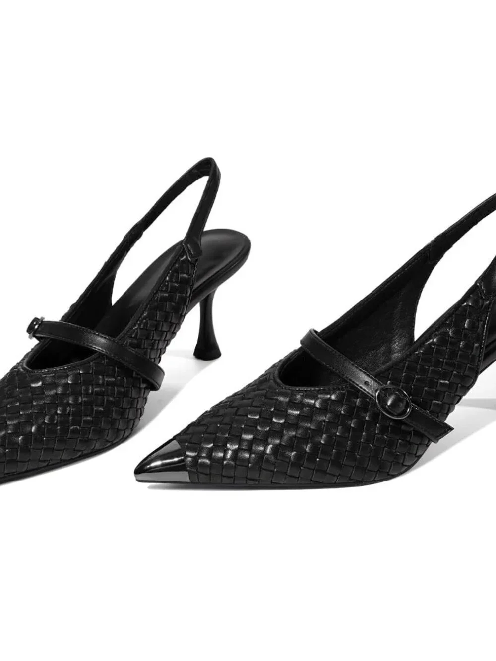 Women's Black Slingback Stiletto Heels Closed Pointed Toe Buckle Strap Shoes